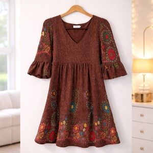 ✨ Dily Earthy Toned Babydoll Mini Dress w Whimsy Pattern Size S